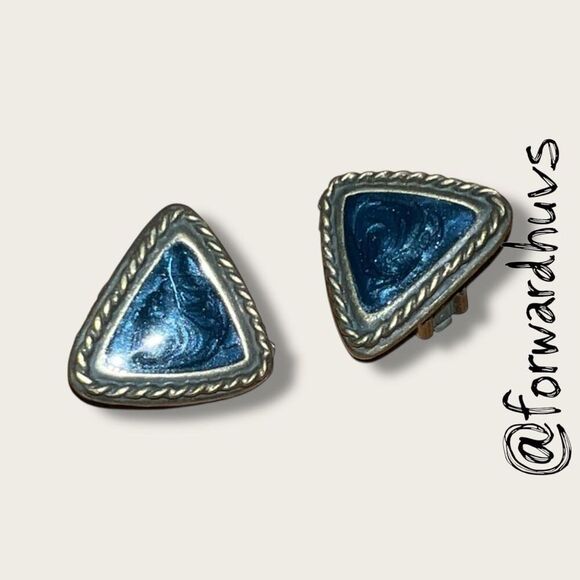 Bundle Sale 3 for $15 | Classic Gold Blue Enamel Clip-On Earrings - Picture 3 of 7